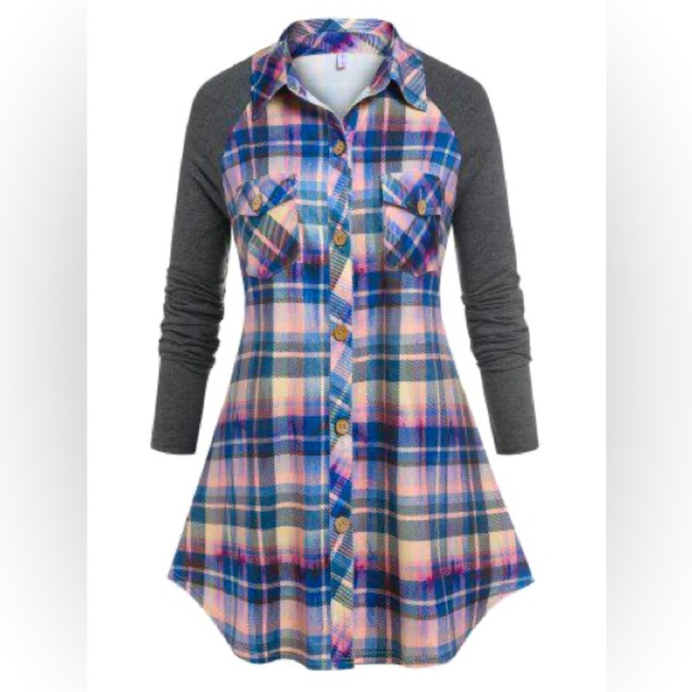 Rosegal Plus Size Raglan Sleeve Plaid Print Button Down Tunic Top